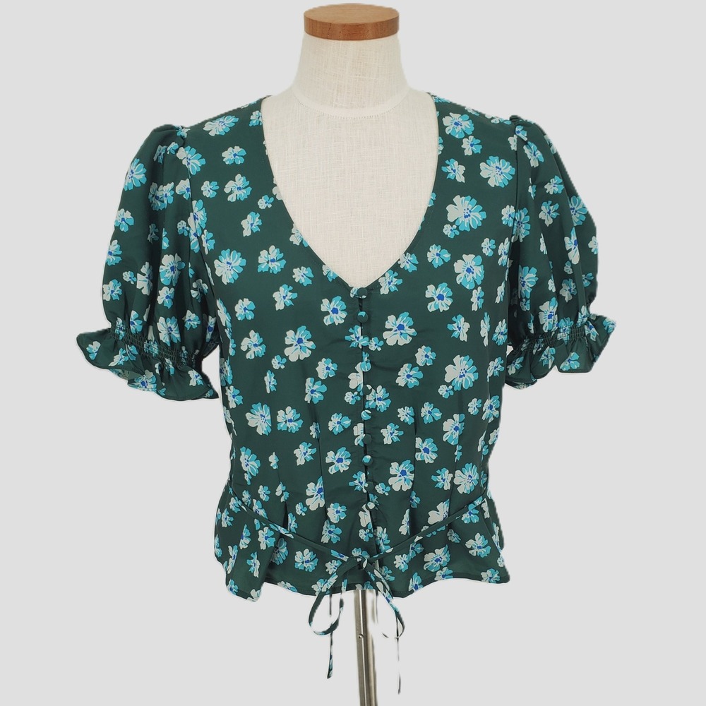 Outerknown L Astral Floral Print Puff Sleeve Tie Waist V Neck Blouse Green‎ Blue